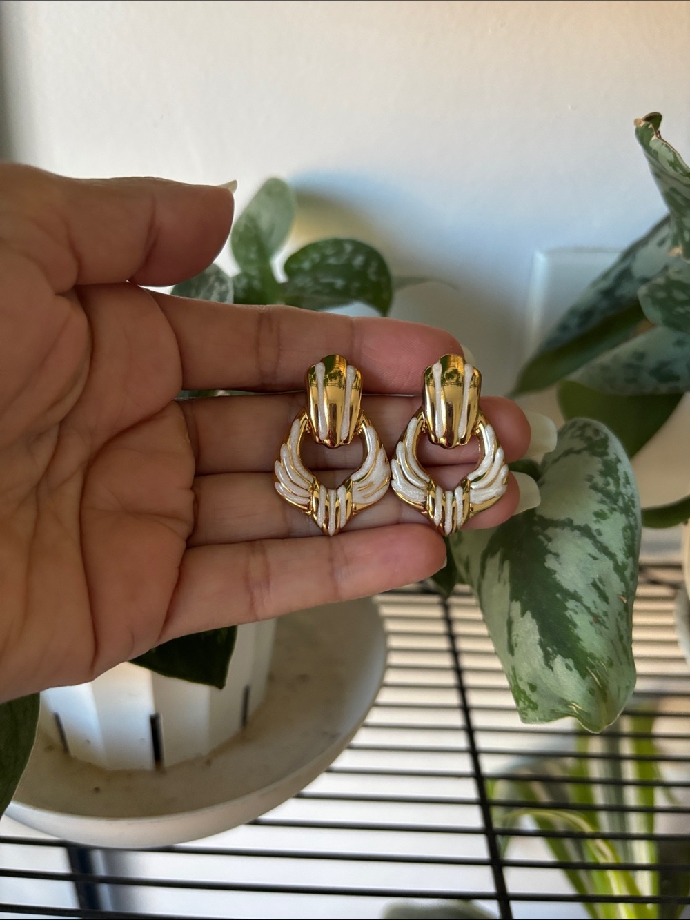 Gold and White Winged Hoop Drop Earrings - Women Jewelry - Picture 1 of 3